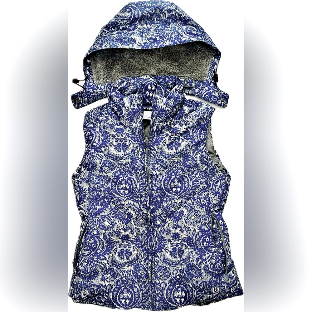 Patagonia blue and grey women’s hoodie vest